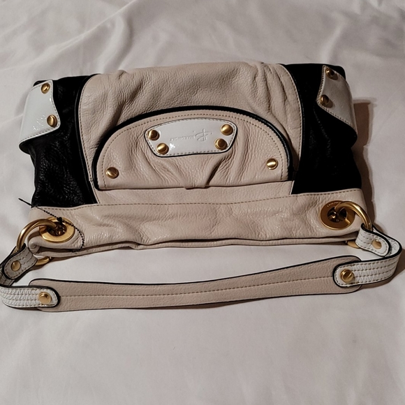 B.Makowsky Black Cream Leather Shoulder Bag Purse - Picture 15 of 15